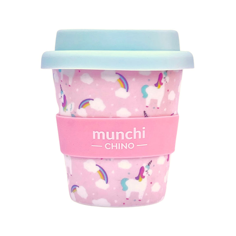 pink unicorn babychino cup with blue lid, rainbows and clouds