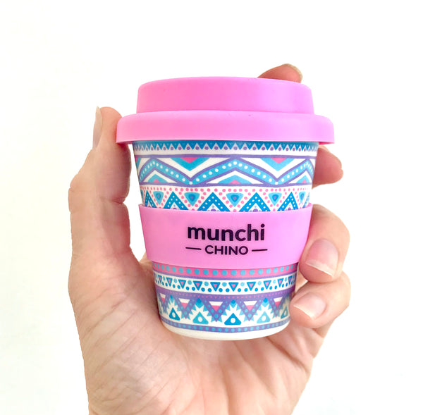 pink blue and purple aztec design babycino cup with pink lid