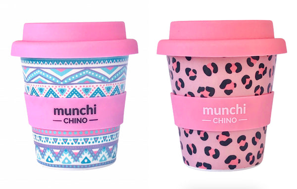 pink blue and purple aztec design babycino cup with pink lid; pink and black leopard print babychino cup 