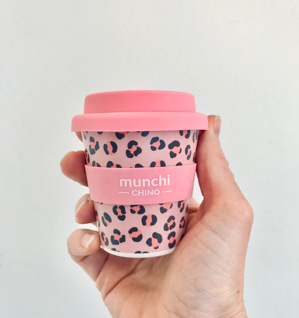 pink and black leopard print babychino cup with pink lid