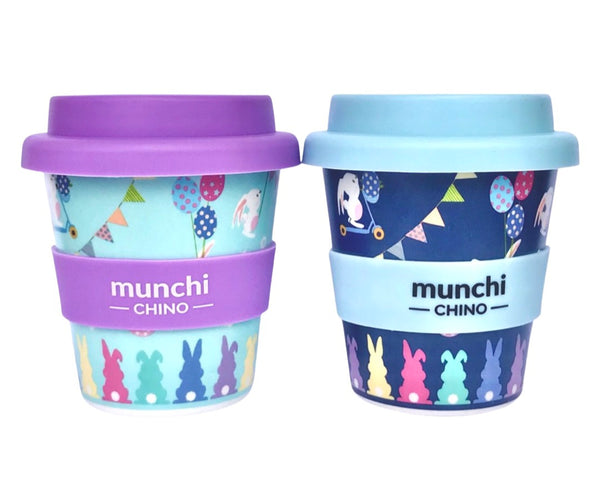 green and blue easter bunny babyccino cup gift packs with purple and blue silicon lid.