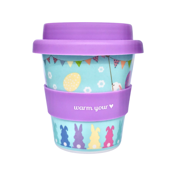 green easter bunny babyccino cup with purple silicon lid.